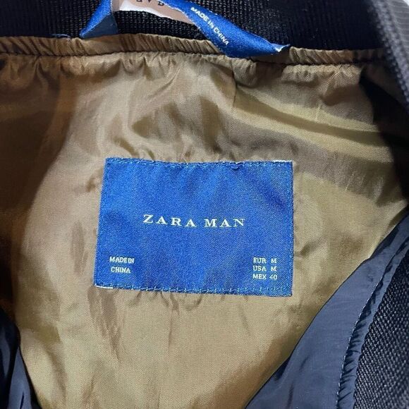 Zara Man Jacket Size M Bomber Coat Navy Blue Lined Full Zip Flight Moto Grunge - Picture 2 of 10